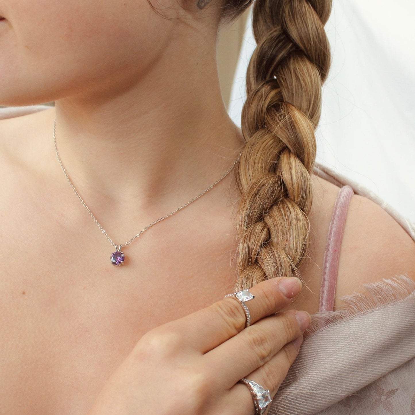 Faith single amethyst gem silver plated necklace on model - Regal Gems Jewellery